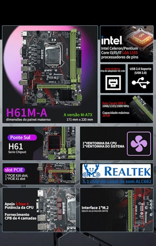 Placa Mãe Intel H61M-A-V1 LGA1155 2ª/3ª Geração - Angthumb